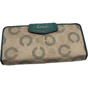 Coach Ashley Khaki Green Dotted Signature C Op Leather Wallet Checkbook Holder